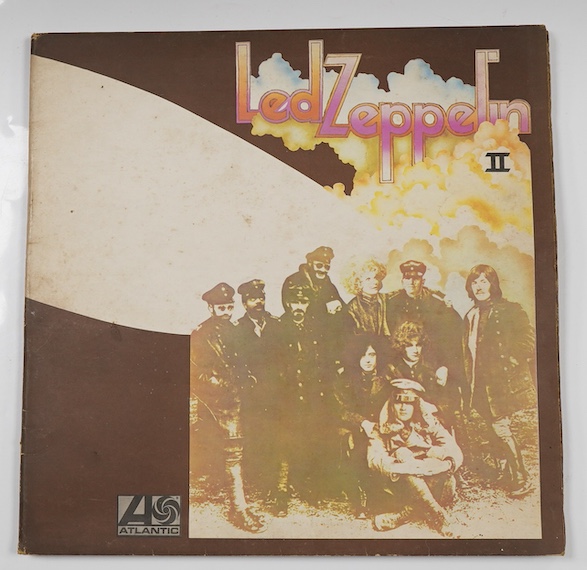 Led Zeppelin; the first three LP record albums, all on red and plum Atlantic labels; Led Zeppelin I (588171), 588171 A1 / 588171 B4, Led Zeppelin II (588198), 588198 A2 / 588198 B2, Led Zeppelin III (2401002), 2401002 A5